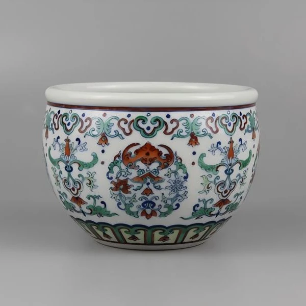 珽珽茶器【涂杏花】斗彩团花卷草缸（小号）直径12cm 瓷器茶周边