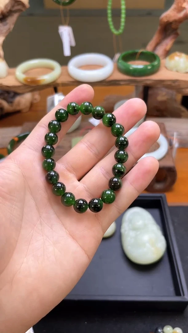 未镶嵌手串和田玉卡9+俄七碧玉 圆珠
