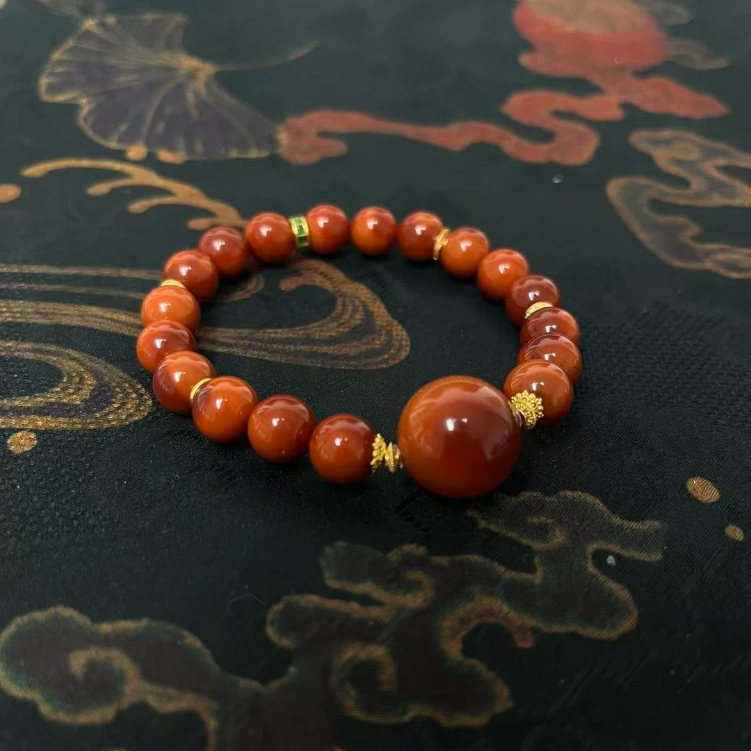 【灵兮珠宝】18K金镶嵌原矿南红圆珠手串