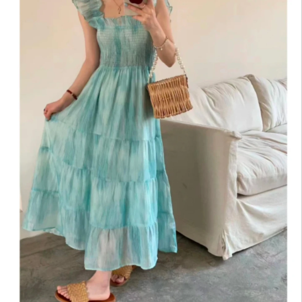 (雅婷）法式蓝色连衣裙女荷叶边收腰吊带气质温柔风仙女裙25063