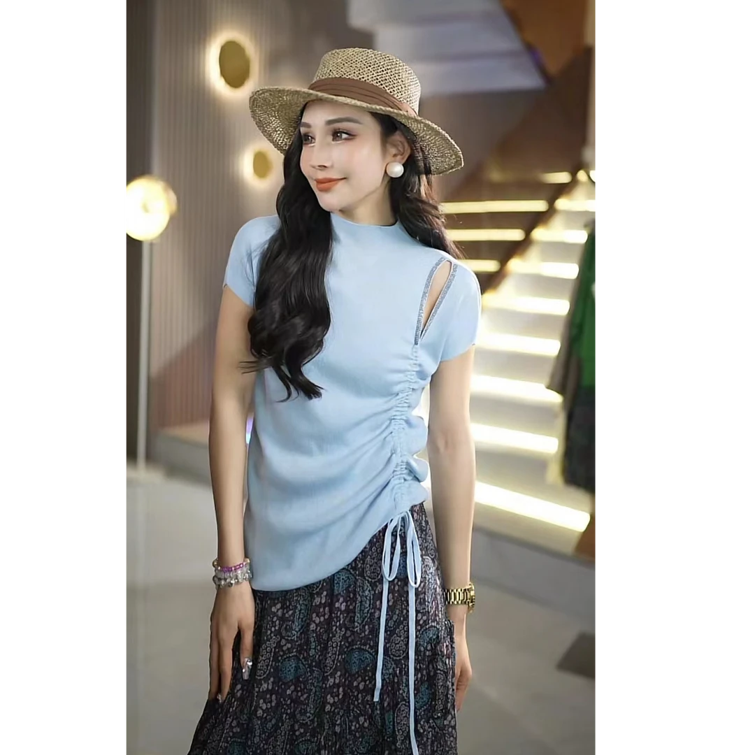 时尚百搭气质修身显瘦半高领口空烫钻女士套头针织衫6W+6993m