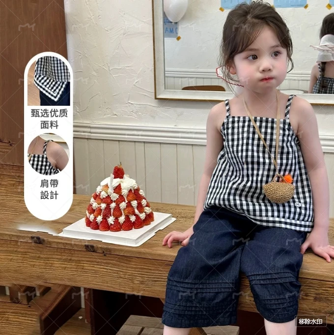 女童夏季格子吊带牛仔裤两件套装2025新款透气韩版洋气女宝套装