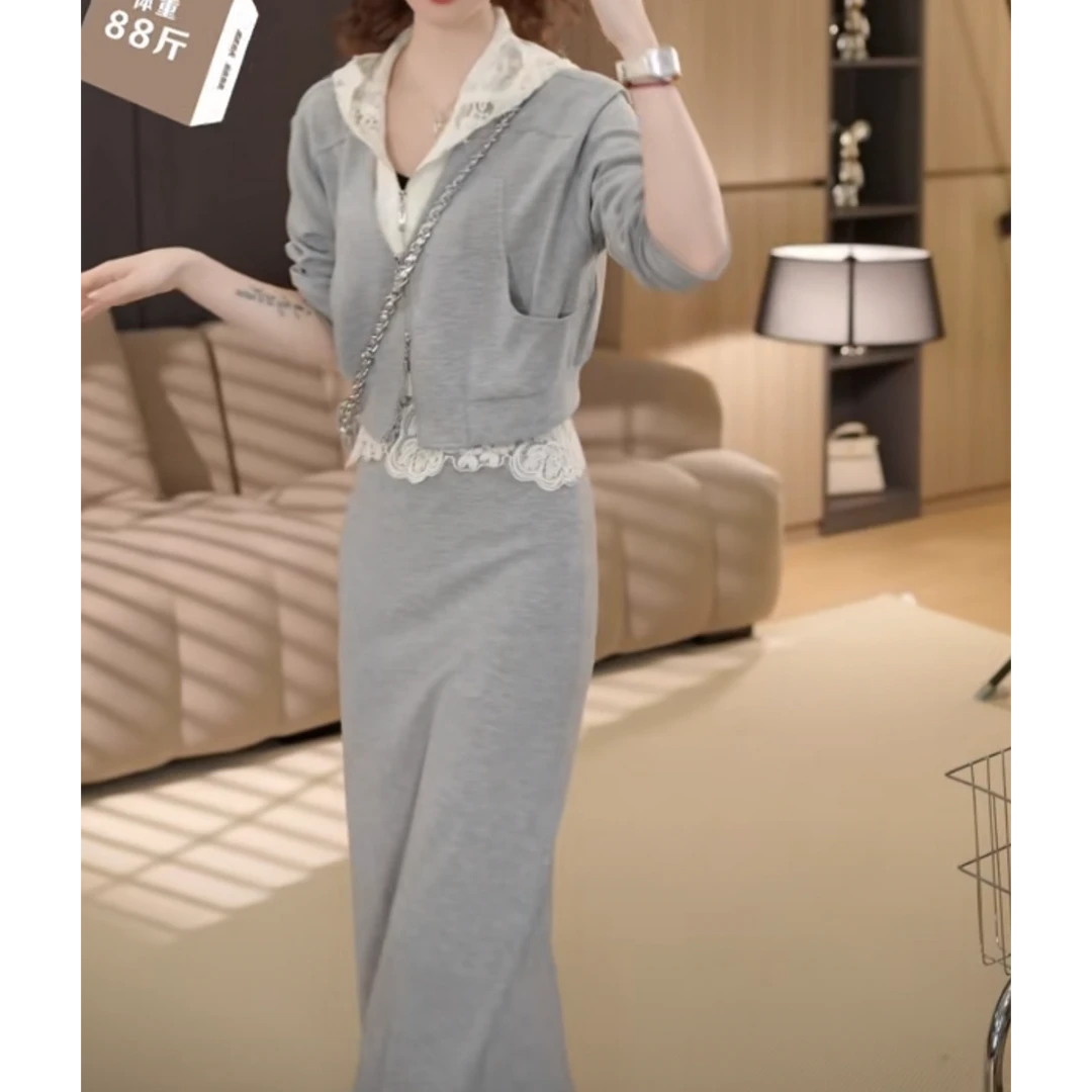 春季新款时尚洋气蕾丝连帽外套+高腰半身裙两件套LK2501761