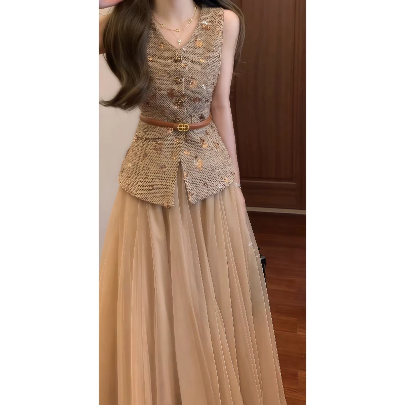 时尚小香风亮片马甲上衣+网纱半身裙女夏百搭气质两件套装裙9436