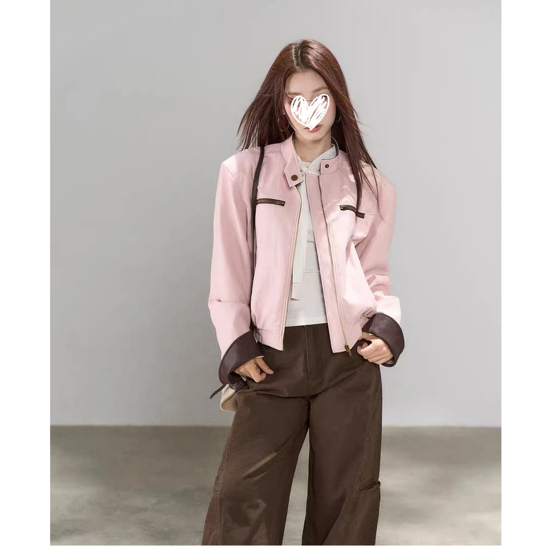 美式复古酷飒风粉色PU皮衣外套女秋季穿搭高级感百搭气质夹克上衣