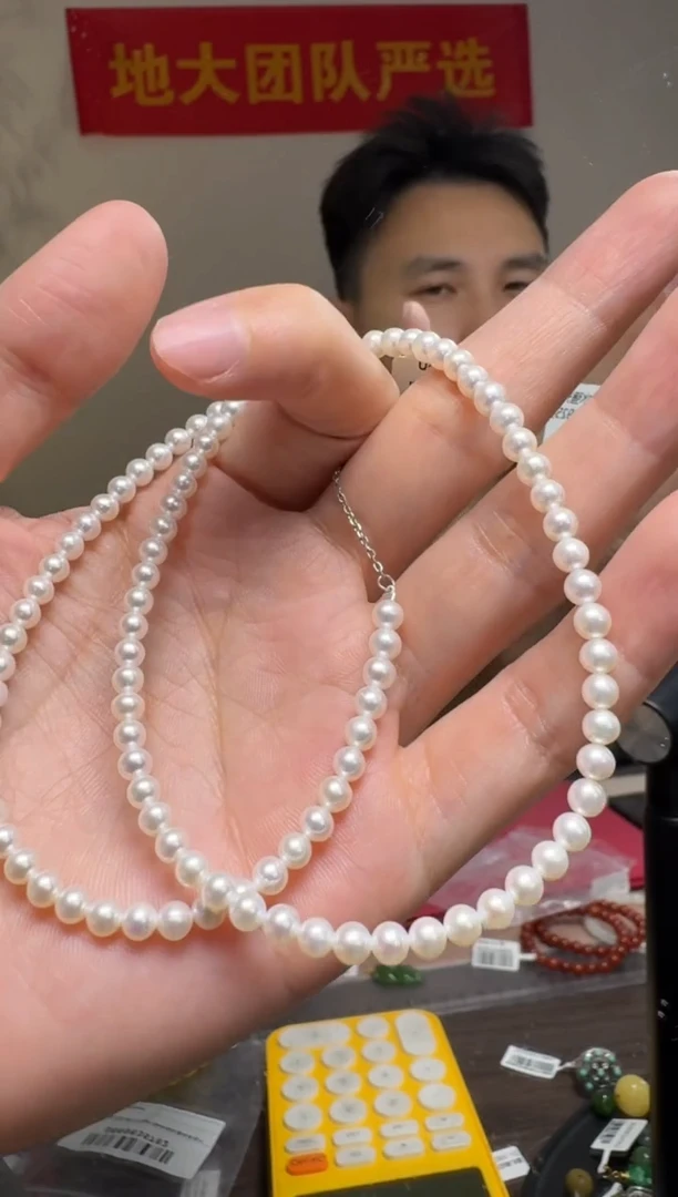 项链银S925镶嵌淡水珍珠淡水强光近正圆珍珠项链