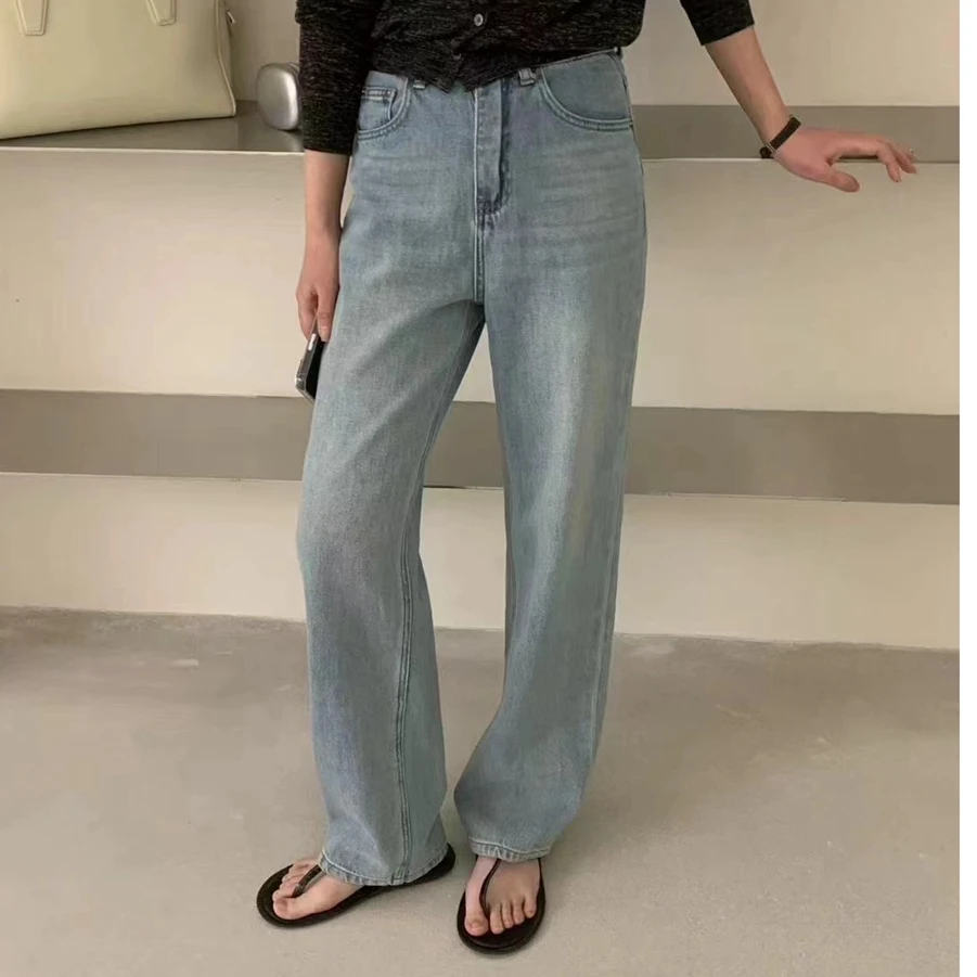 清 MS 99531 韩版粉色贴标浅蓝高腰直筒阔腿裤百搭显瘦牛仔拖地裤