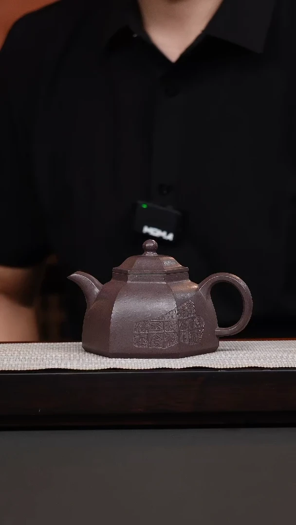 茶壶紫砂天青六方刻绘金钟