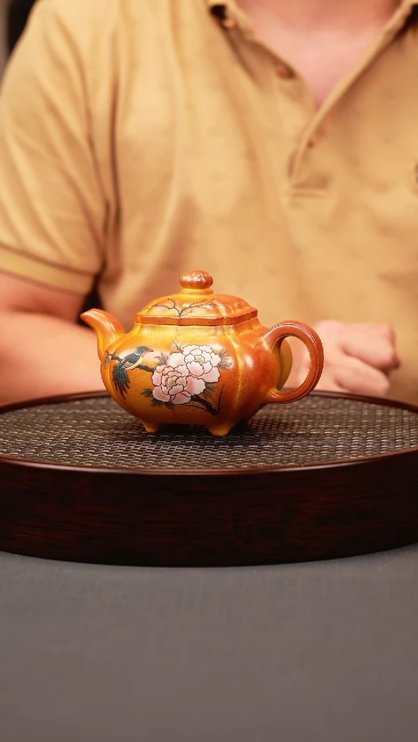 茶壶紫砂火云烧 四方筋纹传炉 刻绘
