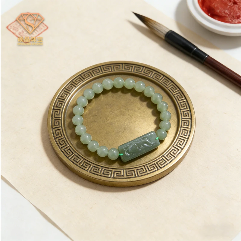 天然和田玉雕花手牌手串淡青温润玉珠国风复古设计男女款HT1020