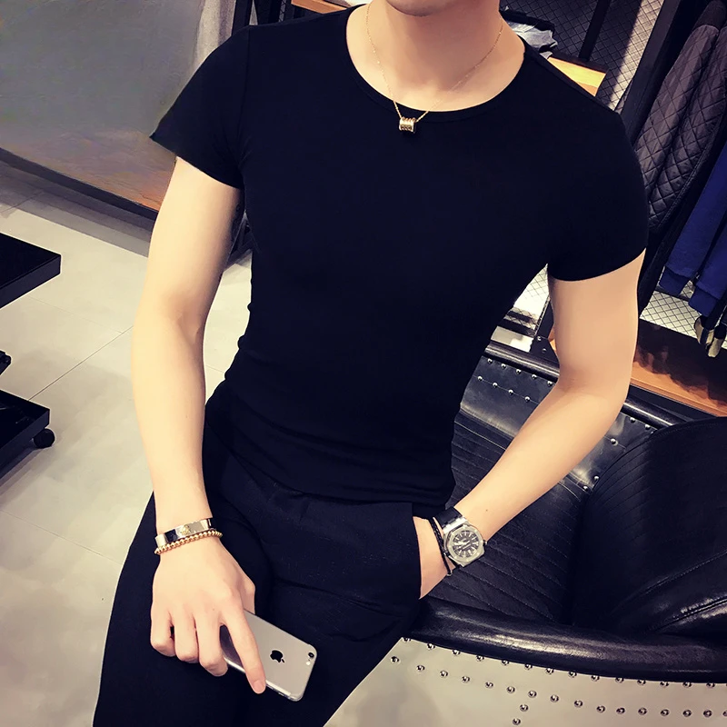 新款纯色修身运动休闲健身圆领短袖T恤男士紧身韩版