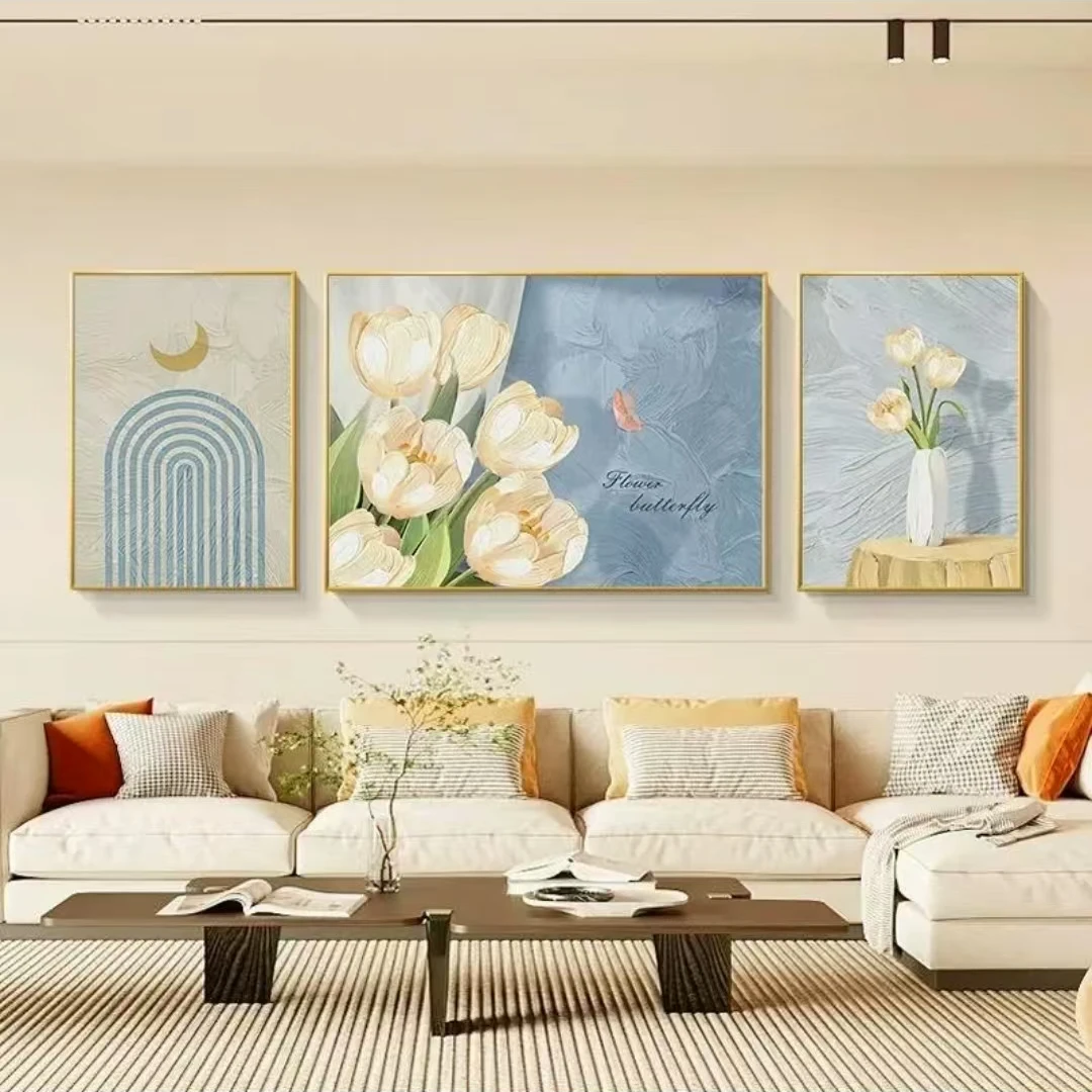 L-0002现代简约客厅装饰画奶油背景墙挂画招财晶瓷轻奢三联壁画