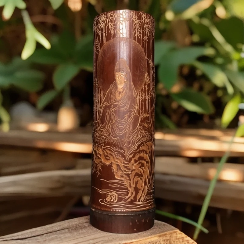 老煤竹手工雕刻茶则臂搁传统民俗工艺[水月观音]尺寸约20*6.5CM