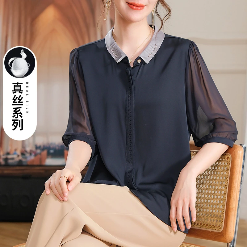 妈妈夏装2025新款重磅刺绣真丝衬衫中老年女高贵纯色桑蚕丝上衣薄