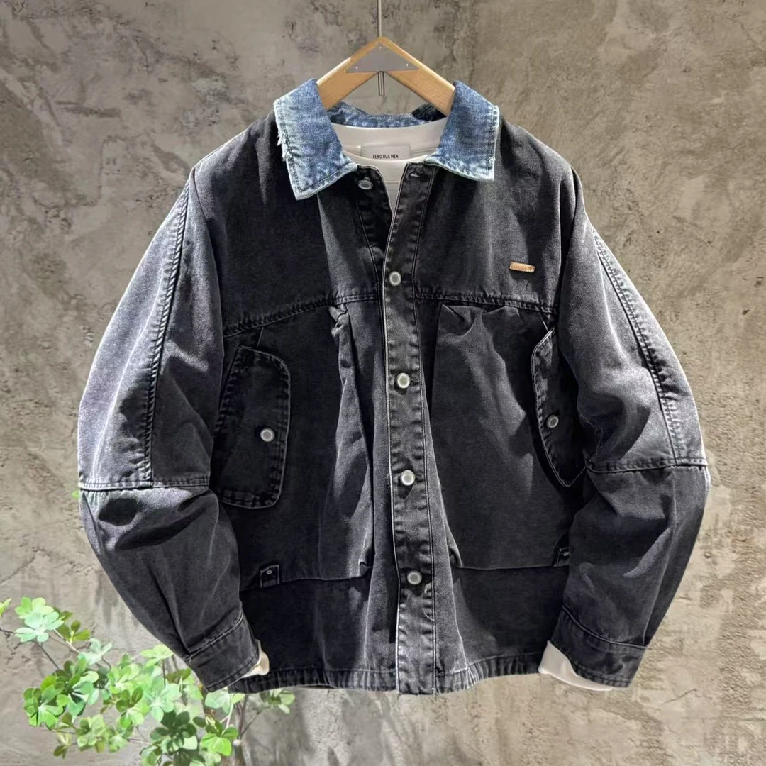 DeweLvum拼接翻领休闲假两件外套男士宽松休闲百搭牛仔夹克衫男装