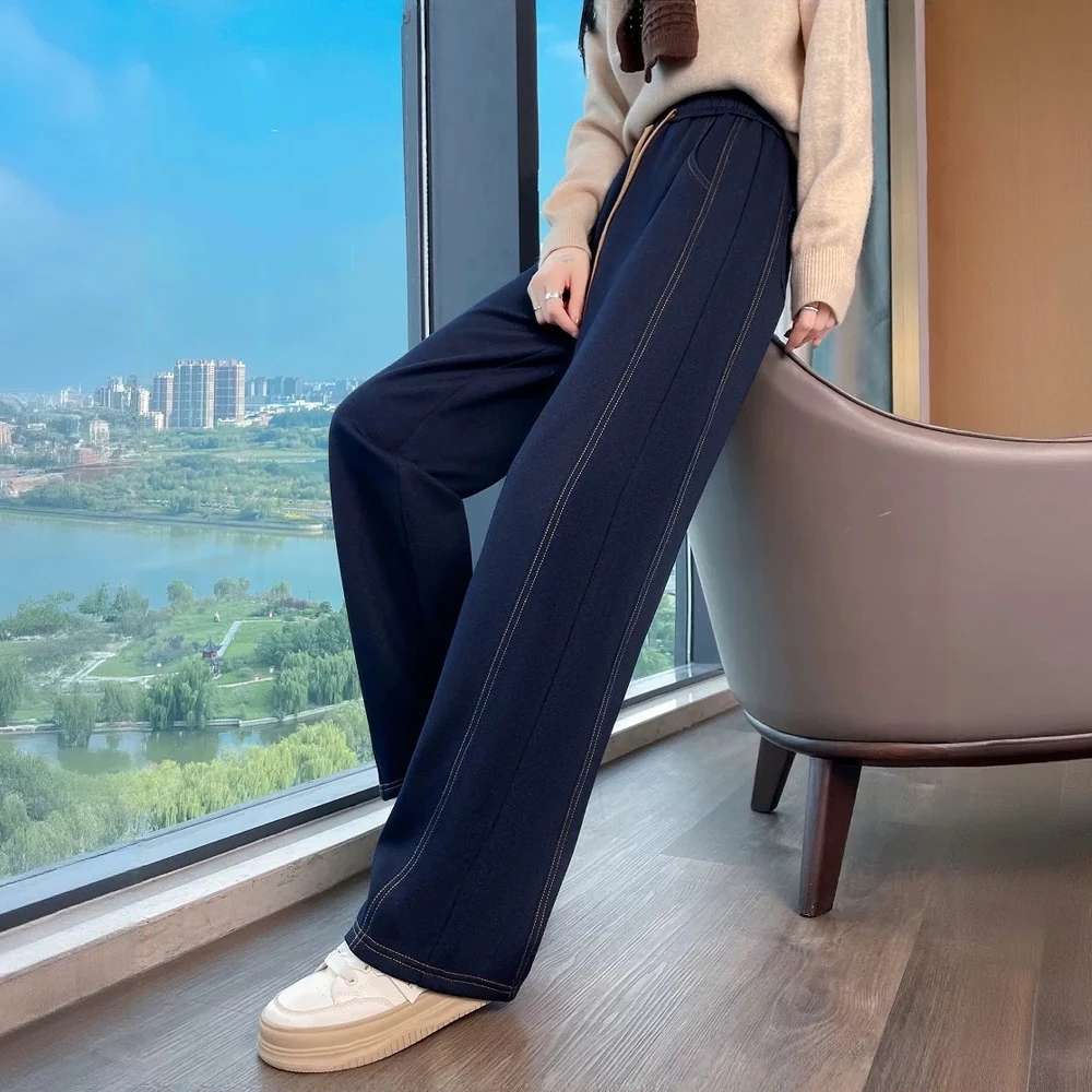 窄版牛仔阔腿裤女秋冬季加绒加厚香蕉裤直筒休闲小个子弯刀镰刀裤