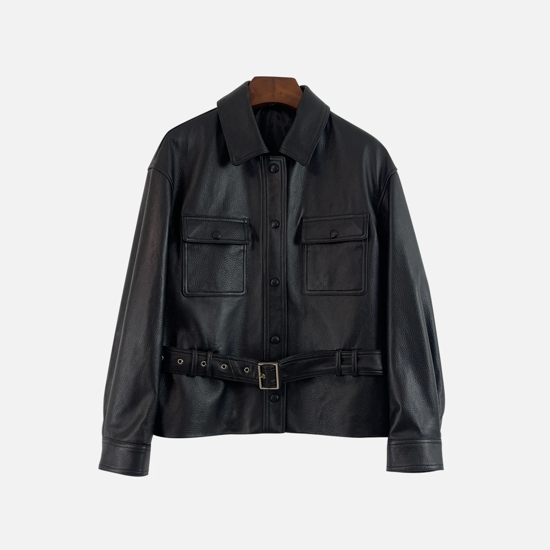 工装风春季复古港风时尚翻领真皮皮衣简约设计师休闲上衣潮流百搭