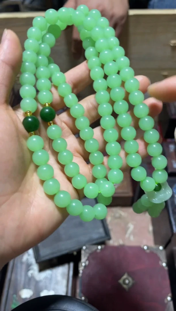 和田玉未镶嵌颈饰苹果绿108颗项链卡1.0