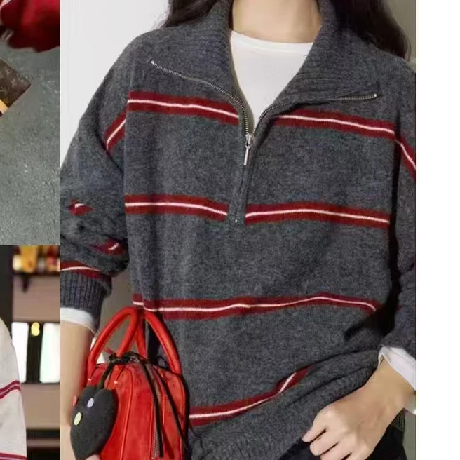 polo领减龄高级感韩系慵懒风显瘦洋气百搭拉链条纹毛衣-苋 21005-