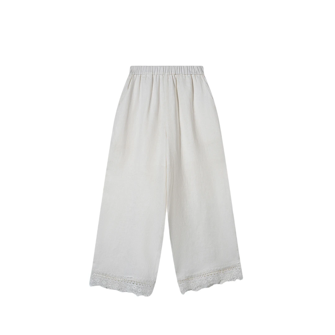 GRIDA 净版拼接蕾丝100亚麻直筒裤