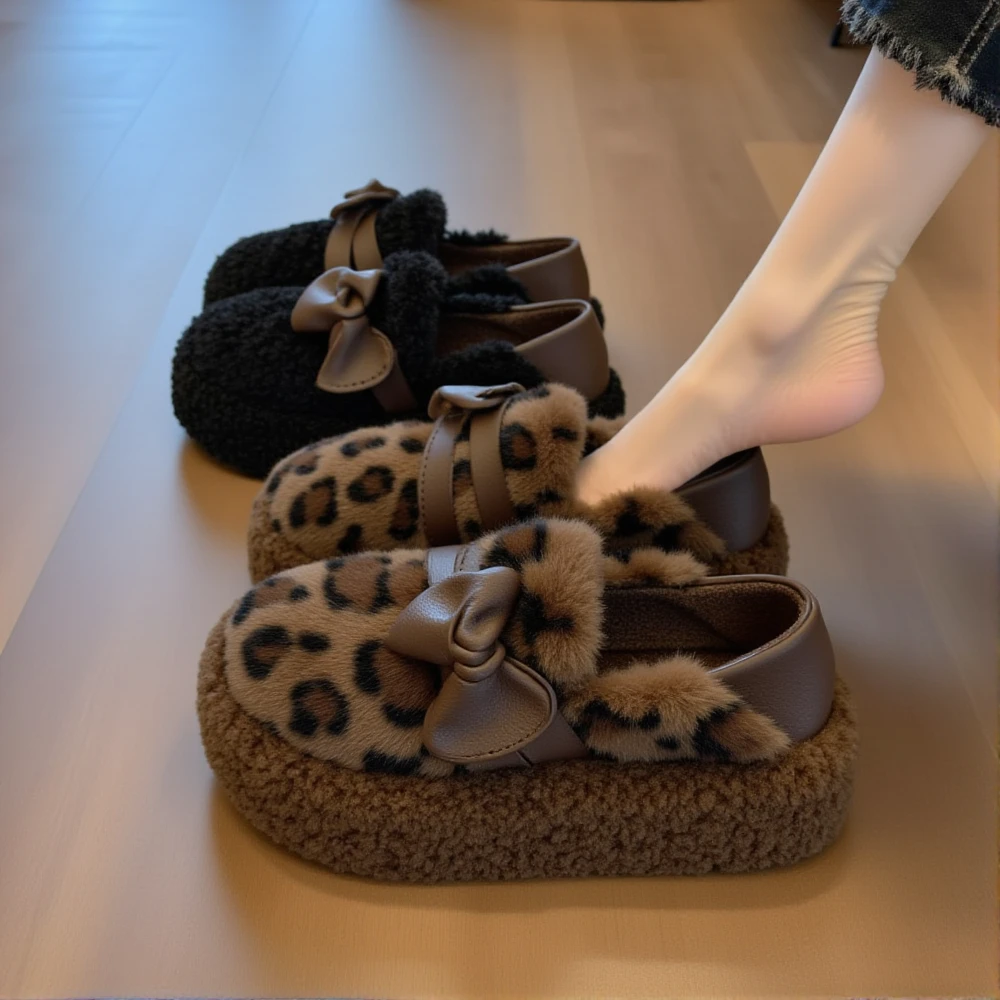【羊羔绒】厚底蝴蝶结毛毛鞋女秋冬季2025新款豹纹洋气一脚蹬豆豆鞋