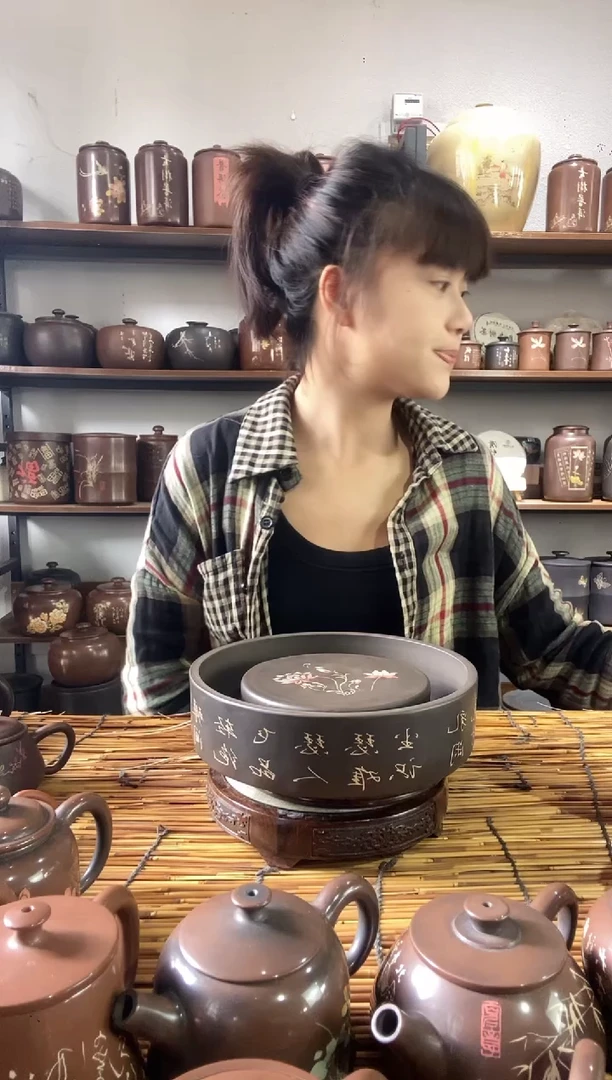 7建水紫陶手工彩填壶承