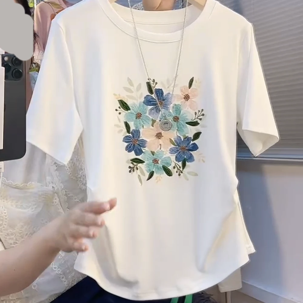 2025新款圆领捏褶花朵印花短袖T恤女夏季修身显瘦白色上衣