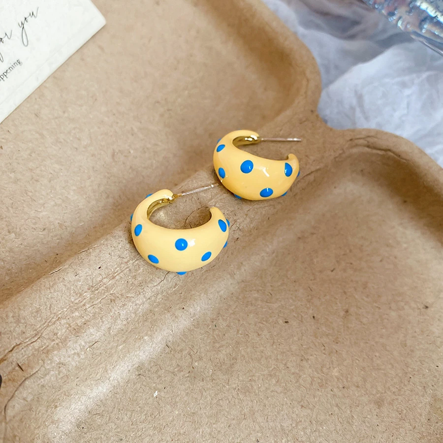 合金亚克力耳饰 斑点滴油C形黄色耳环