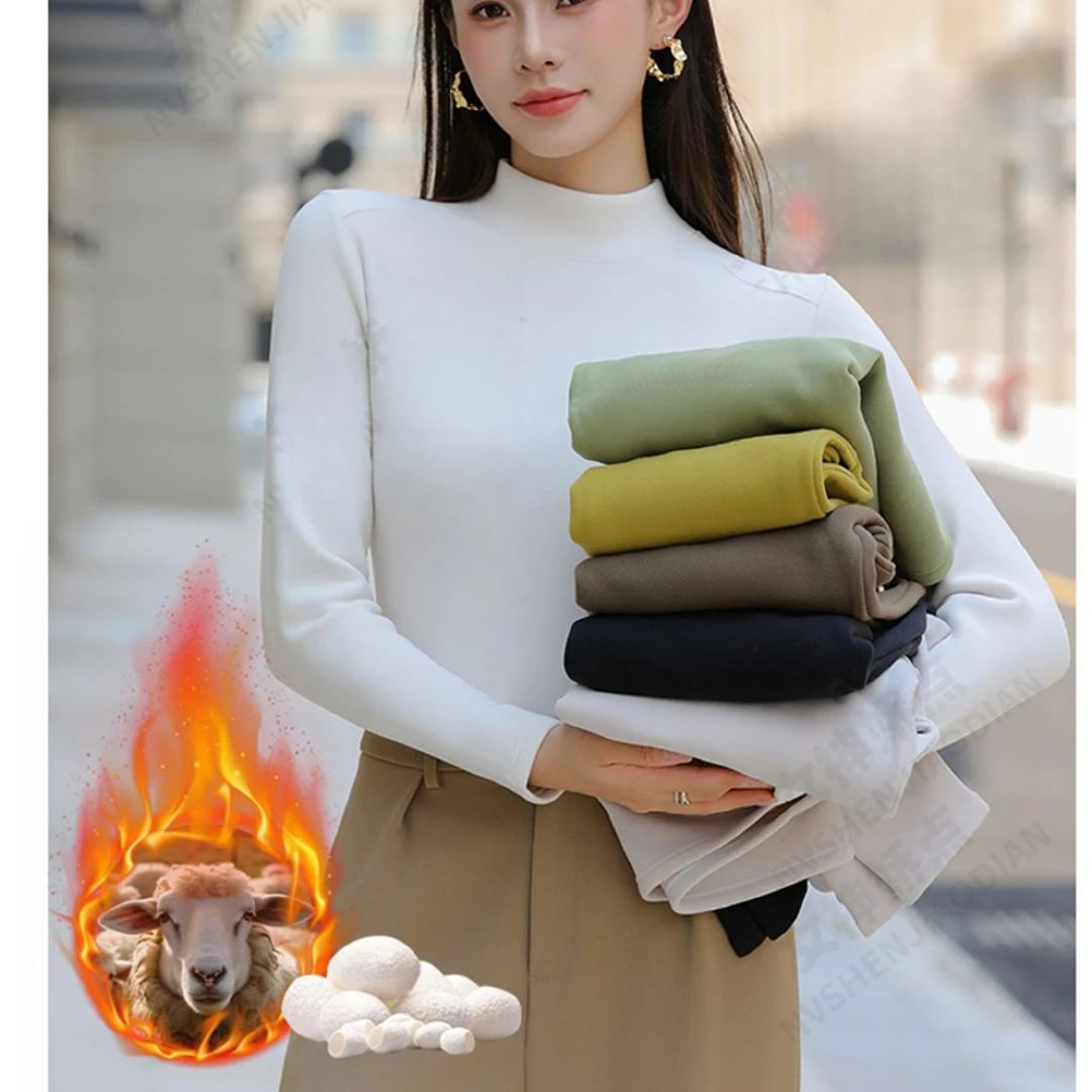 （香香家T10）羊毛蚕丝加绒加厚长袖内搭打底衫女