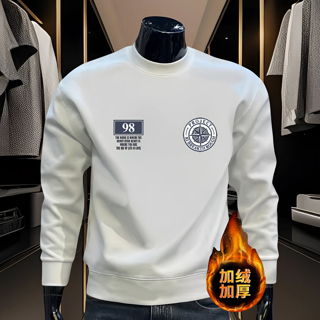 美式重磅秋冬款加绒男士圆领卫衣潮流印花修身上衣保暖休闲长袖