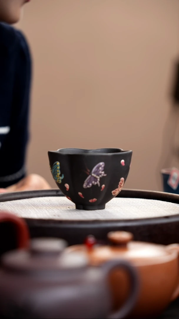 茶壶紫砂黑色筋囊蝴蝶杯