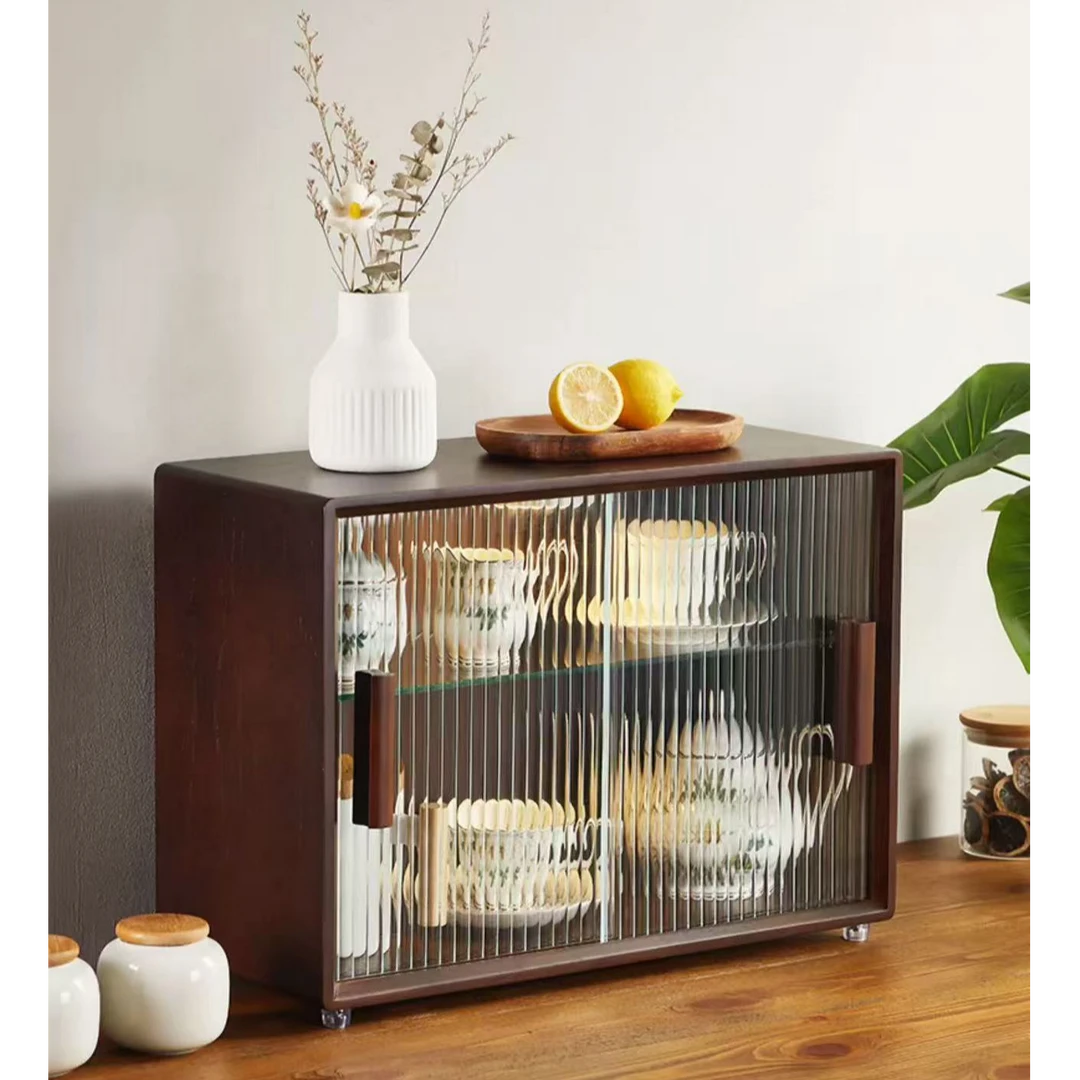 【百轩居】北美黑胡桃木收纳盒带灯防尘餐边收纳柜置物架简约储物柜