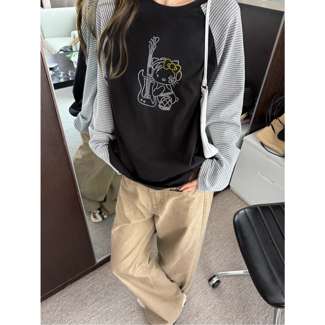 像素森林 烫钻小k拼色慵懒宽松长袖T恤秋季插肩袖复古条纹上衣女