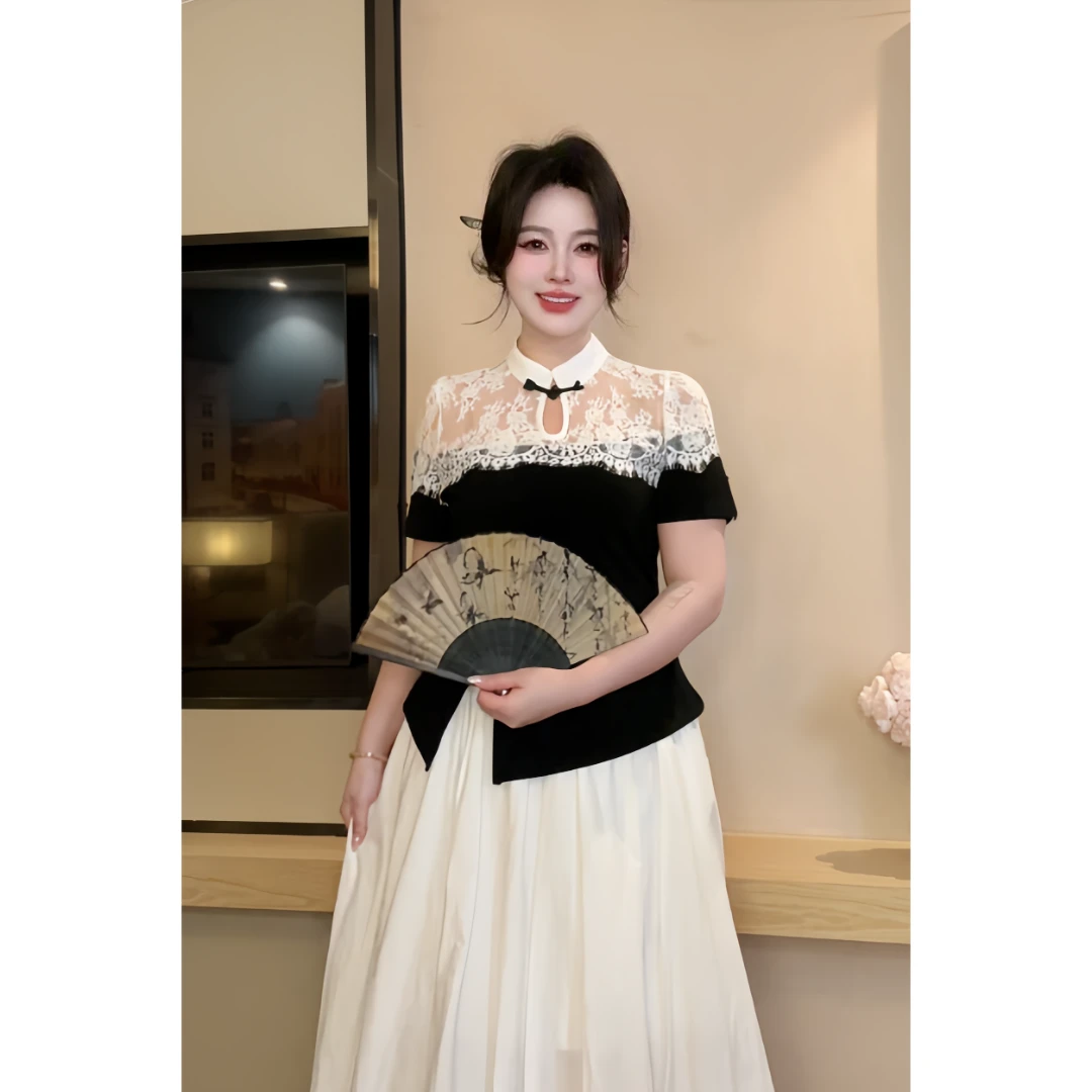 【晶晶】大码女胖mm设计感新中式拼接蕾丝边镂空上衣开叉不规则T恤