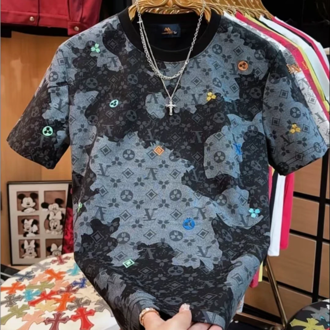 早春百搭新款重工潮牌圆领高奢满印短袖