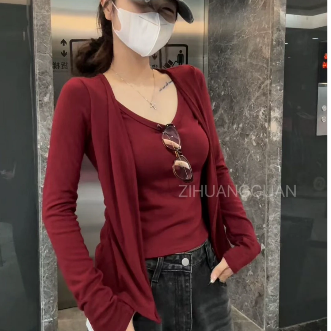 XIAOSISTERS/软糯弹力棉假两件开衫长袖显瘦百搭气质风韩版上衣