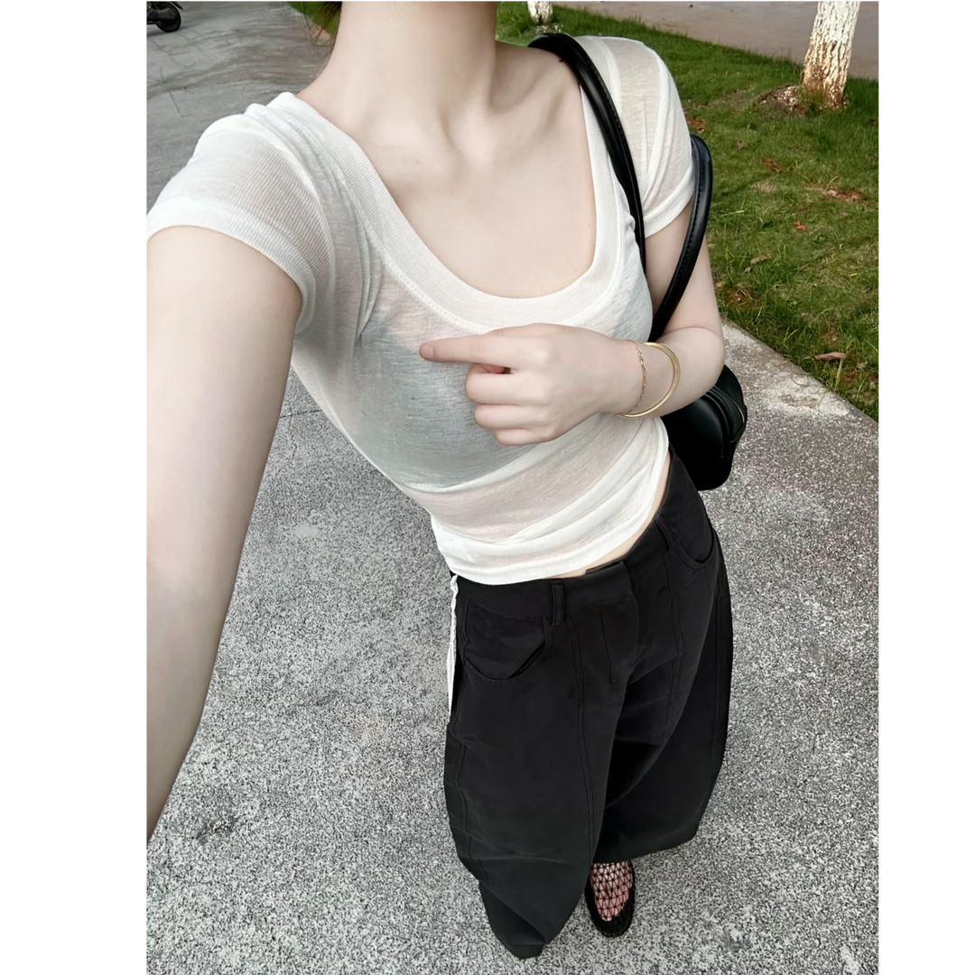 夏季新款【氧气Tee】大U领纯欲纯色修身显瘦T恤女百搭露锁骨上衣