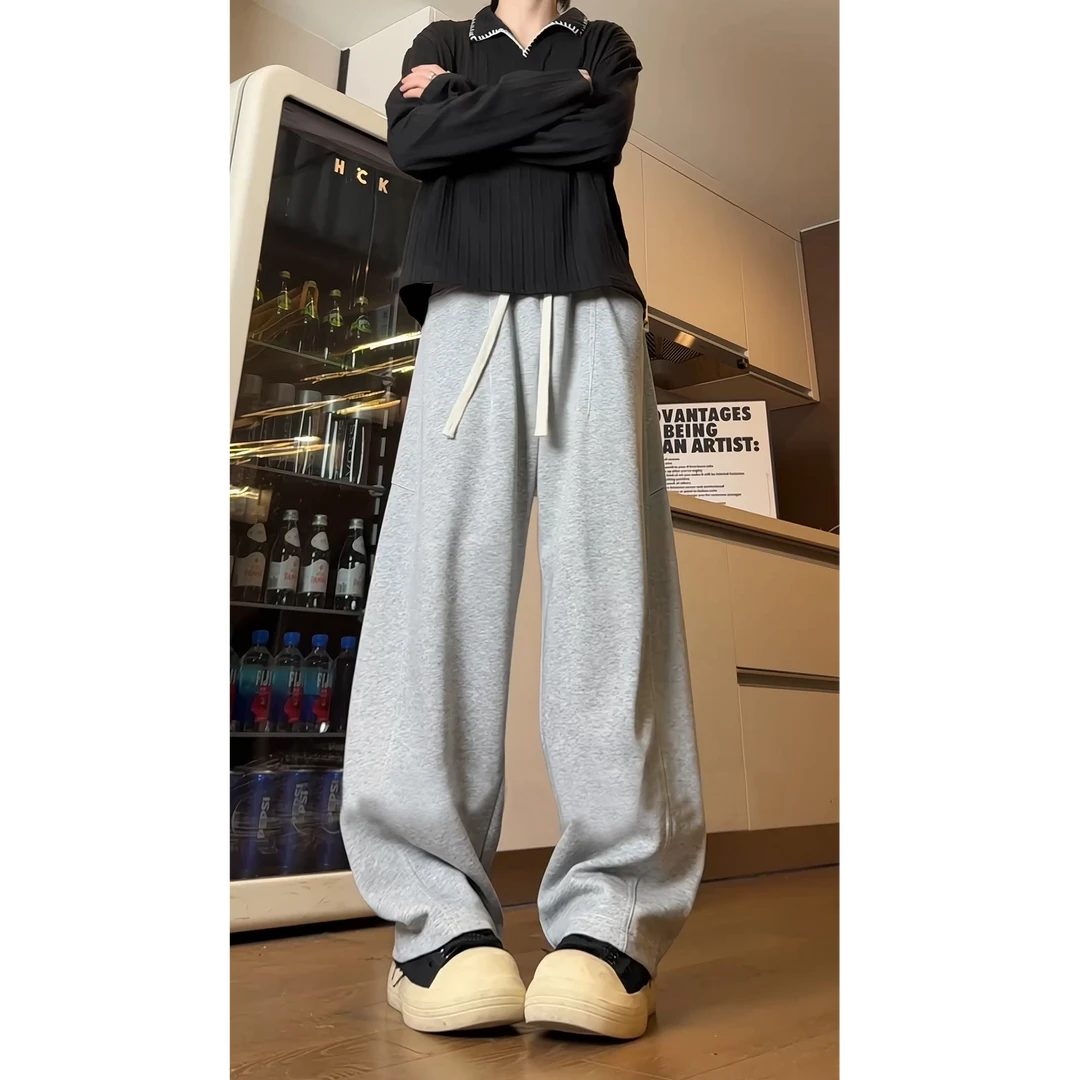 美式拼接休闲裤子男秋季潮牌高街弯刀裤大码宽松直筒阔腿长裤子