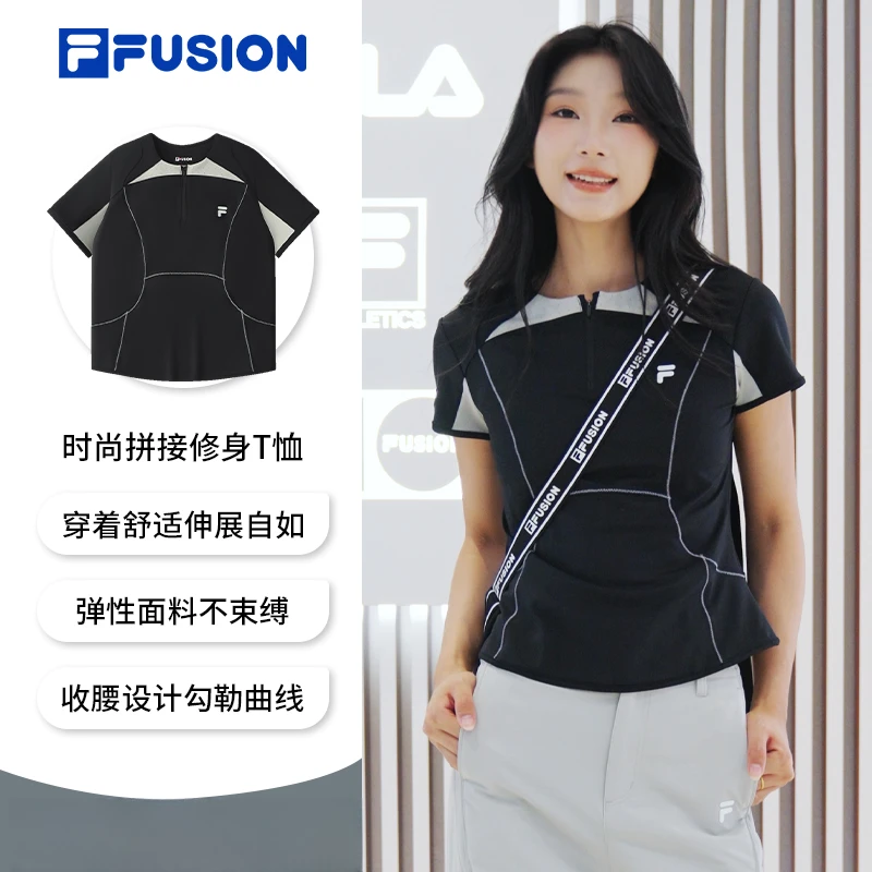 FILA斐乐正肩短袖女t恤黑色修身上衣女夏季运动半截袖T11W531103