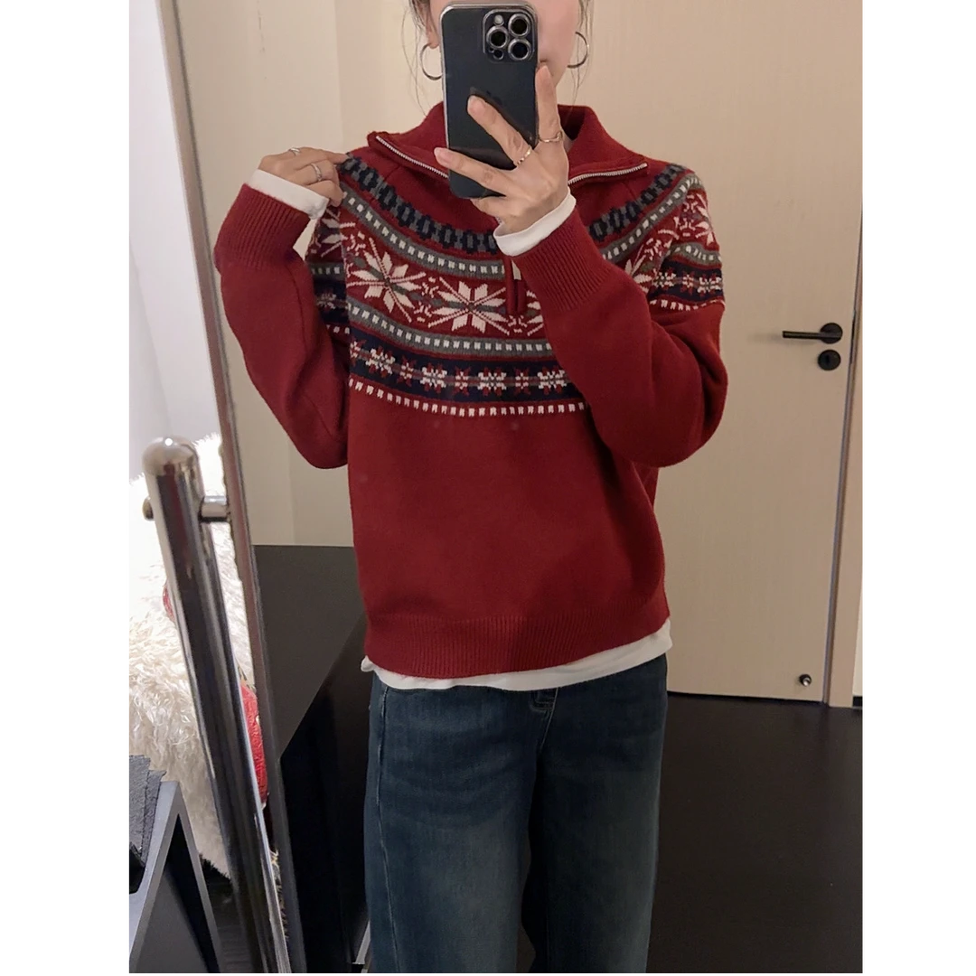 徐优优【圣诞氛围感】费尔岛提花半拉链毛衣女秋冬复古宽松软糯针织