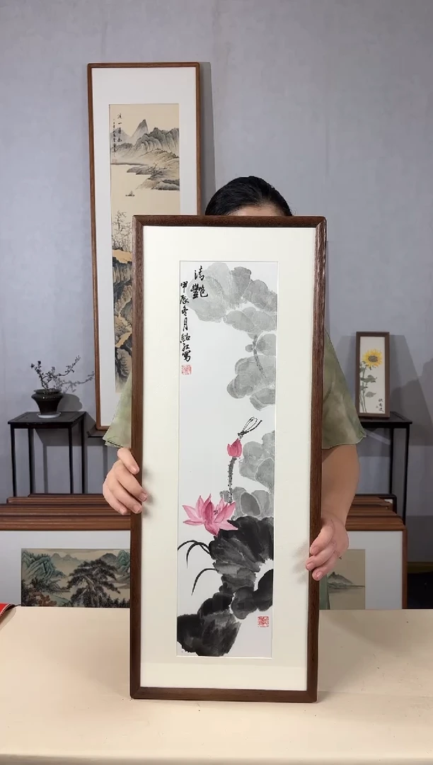 国画手绘*荷花*28*72cm实木框