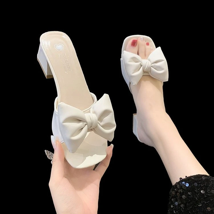 韩版粗跟拖鞋女2025夏外穿时尚仙女风蝴蝶结一字拖百搭中跟凉拖鞋