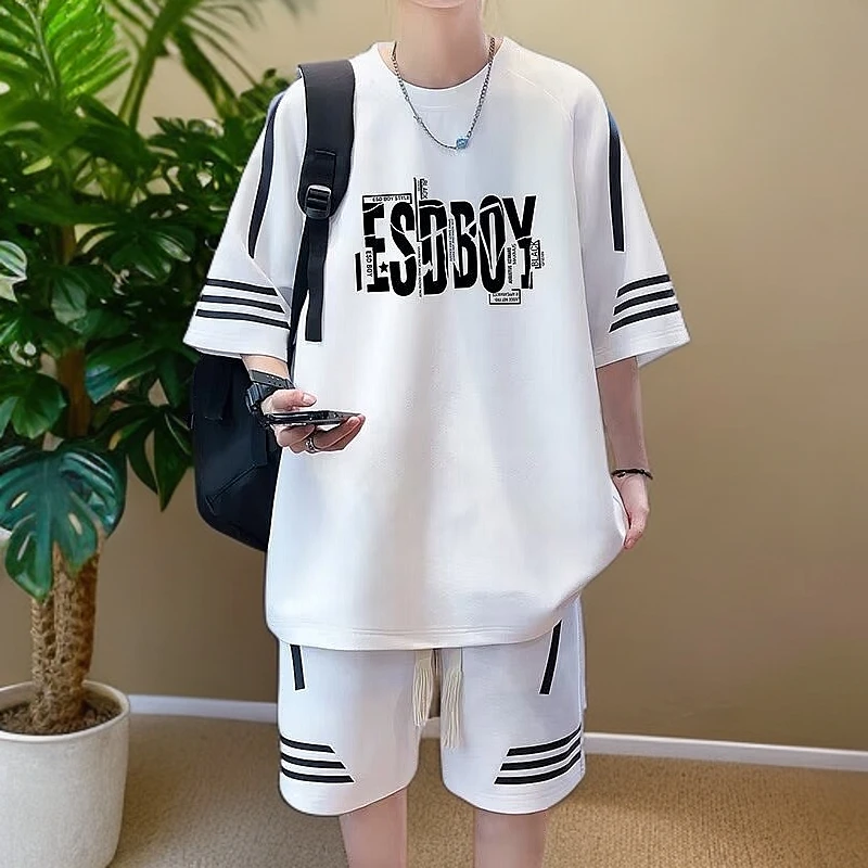 男士大码半袖上衣五分裤夏季2025新款宽松潮流两件套轻奢痞帅男装