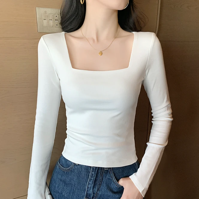 长袖打底衫t恤女白色方领早秋冬季内搭新款秋装女款爆款2025新款