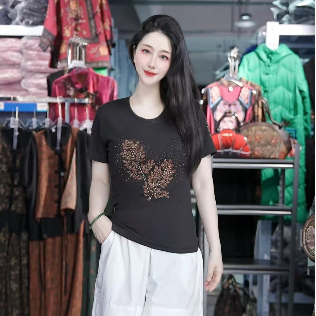 【LeiXiaoQi/雷小七】发财树烫钻短袖t恤百搭上衣显瘦时尚洋气女