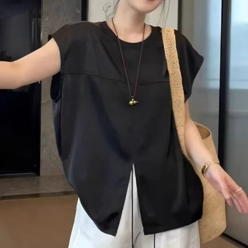 设计感薄款开叉纯色圆领无袖衬衫女2025新款夏季薄款宽松透气上衣