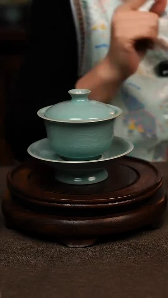 瓷片仿古青绿釉全手元宝盖碗150ml 微瑕 不带礼盒