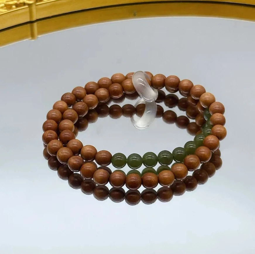 轻舟|天然檀木碧玉双圈手串C64DYM0022