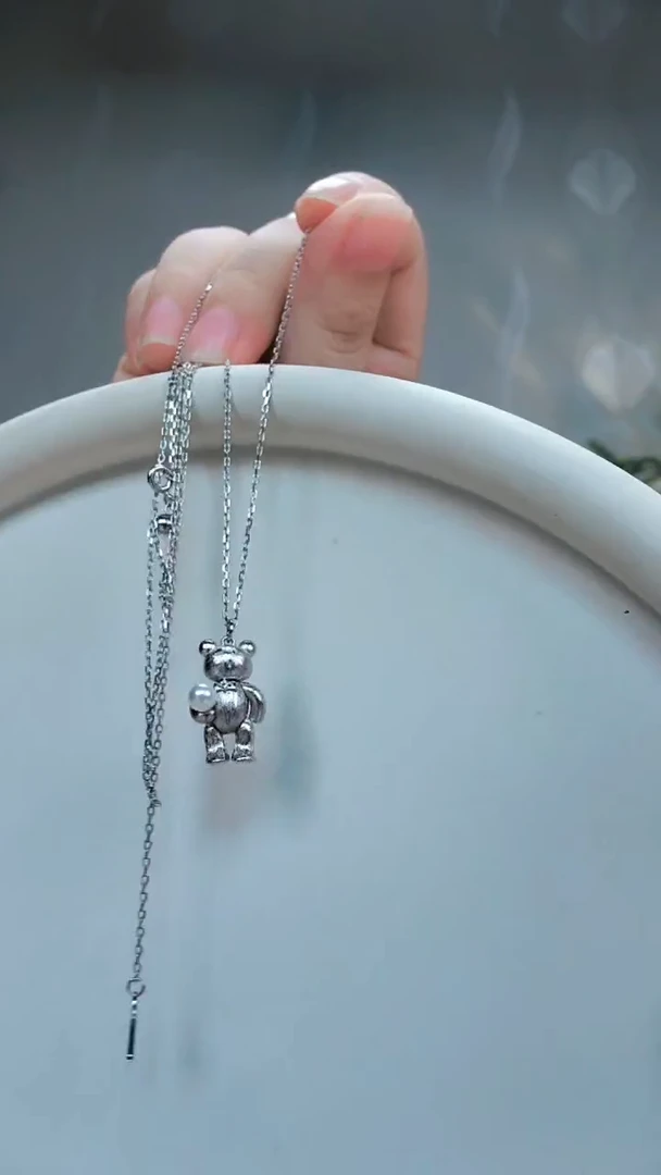 颈饰银S925镶嵌淡水珍珠小熊吊坠项链