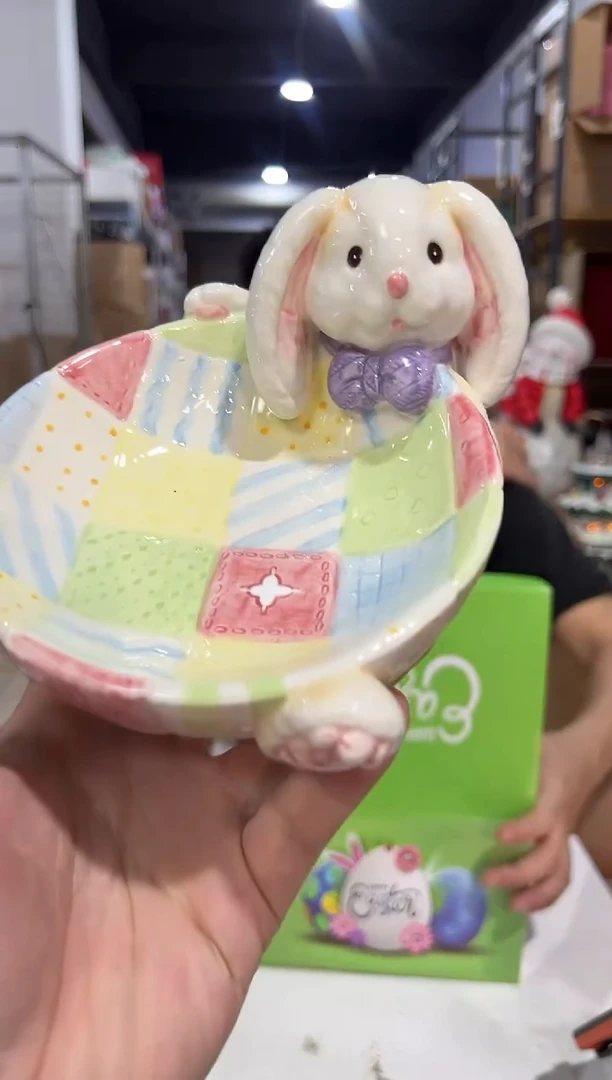 瓷片绿色原盒兔子糖果碗